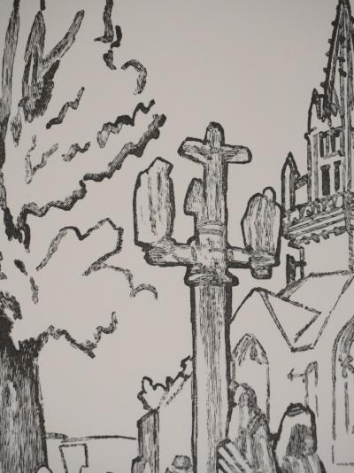Mathurin MEHEUT: Brittany, Pilgrims in front of the church (Black), Original signed engraving 2