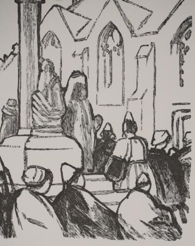 Mathurin MEHEUT: Brittany, Pilgrims in front of the church (Black), Original signed engraving 2