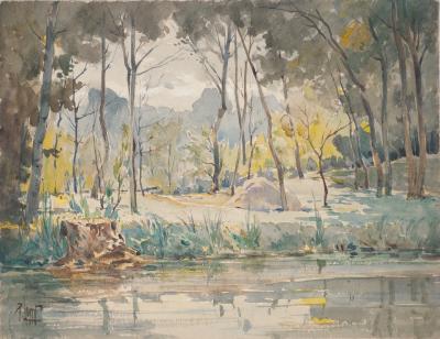 René LEVERD : Les arbres près de l’eau, Aquarelle originale signée 2
