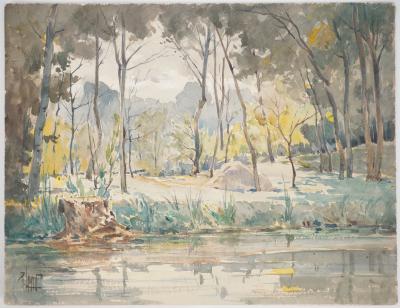 René LEVERD : Les arbres près de l’eau, Aquarelle originale signée 2