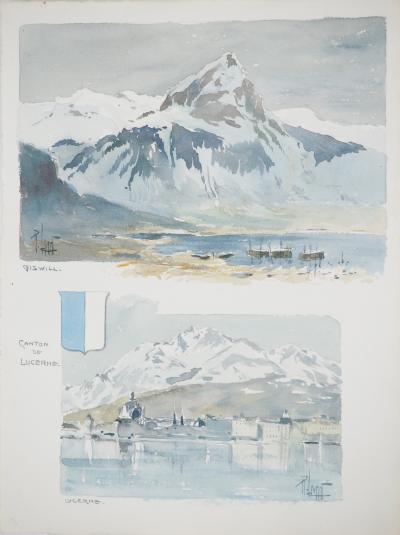 René LEVERD: Switzerland, Mont Blanc from Lucerne, Original signed watercolor 2