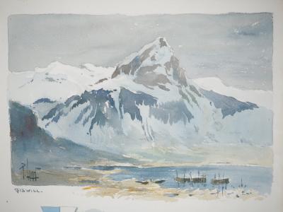 René LEVERD: Switzerland, Mont Blanc from Lucerne, Original signed watercolor 2