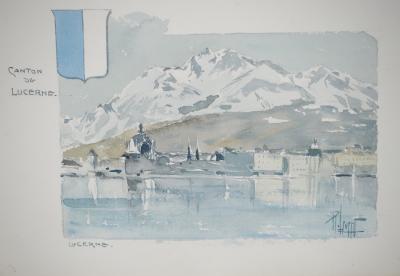René LEVERD: Switzerland, Mont Blanc from Lucerne, Original signed watercolor 2