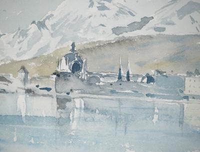 René LEVERD: Switzerland, Mont Blanc from Lucerne, Original signed watercolor 2