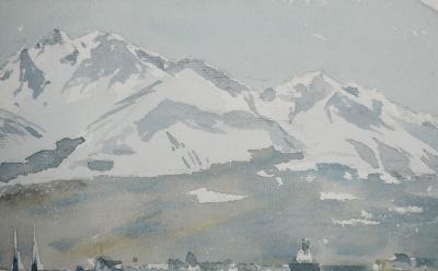 René LEVERD: Switzerland, Mont Blanc from Lucerne, Original signed watercolor 2