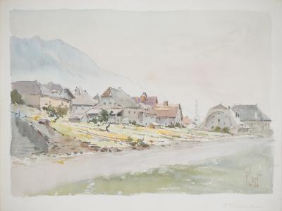 René LEVERD : Suisse, Le village de Saint-Gingolph, Aquarelle originale signée 2