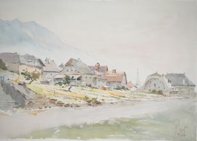 René LEVERD : Suisse, Le village de Saint-Gingolph, Aquarelle originale signée 2