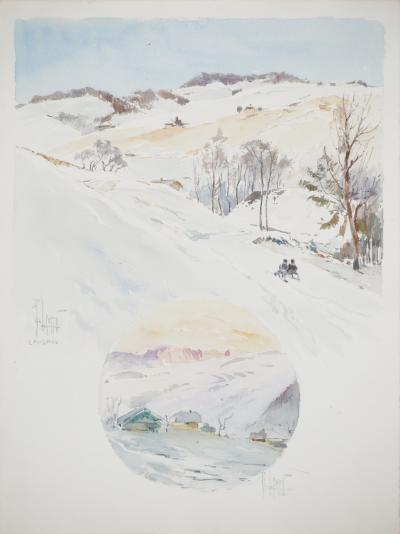 René LEVERD : Suisse, Luge au soleil couchant à Lagnau, Aquarelle originale signée 2
