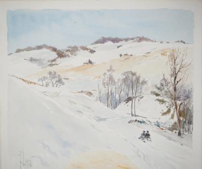 René LEVERD : Suisse, Luge au soleil couchant à Lagnau, Aquarelle originale signée 2