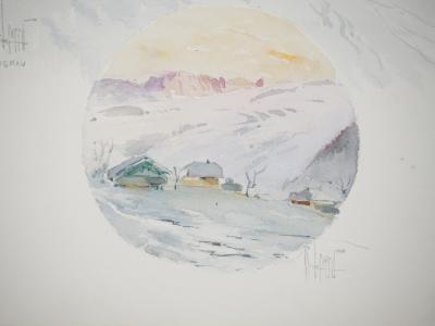 René LEVERD : Suisse, Luge au soleil couchant à Lagnau, Aquarelle originale signée 2