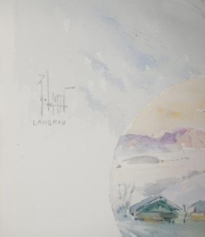 René LEVERD : Suisse, Luge au soleil couchant à Lagnau, Aquarelle originale signée 2