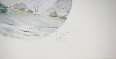 René LEVERD : Suisse, Luge au soleil couchant à Lagnau, Aquarelle originale signée 2
