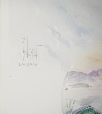René LEVERD : Suisse, Luge au soleil couchant à Lagnau, Aquarelle originale signée 2