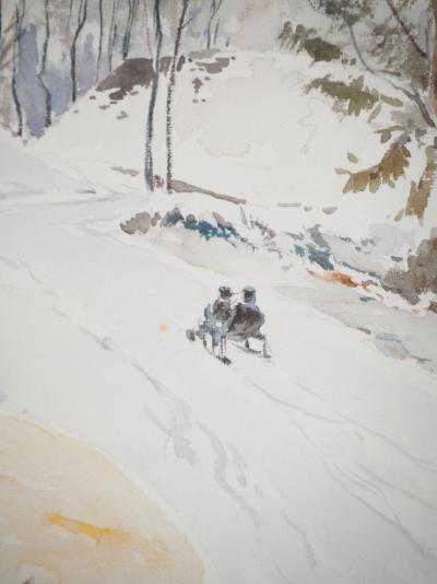 René LEVERD : Suisse, Luge au soleil couchant à Lagnau, Aquarelle originale signée 2