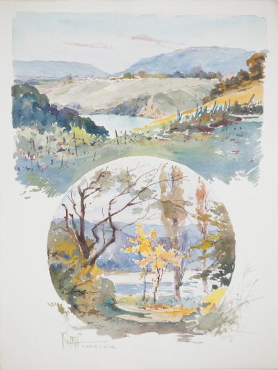 René LEVERD : Suisse, Sur les rives de l'Arve à Aïre, Aquarelle originale signée 2