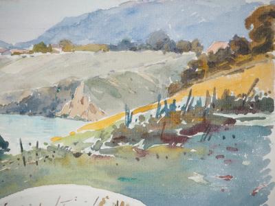René LEVERD : Suisse, Sur les rives de l'Arve à Aïre, Aquarelle originale signée 2