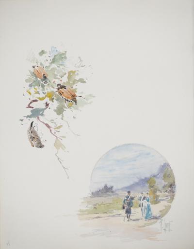 René LEVERD : Suisse, Promenade champêtre et insectes, Aquarelle originale signée 2