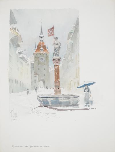 René LEVERD: Switzerland, Käfigturm und Schützenbrunnen, Original signed watercolor 2