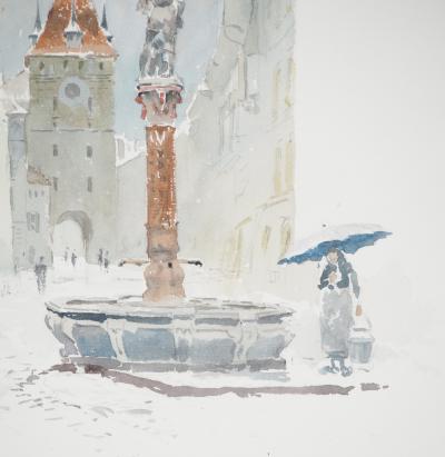 René LEVERD: Switzerland, Käfigturm und Schützenbrunnen, Original signed watercolor 2