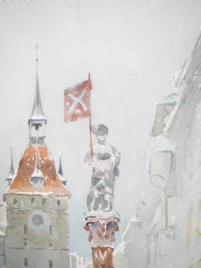 René LEVERD: Switzerland, Käfigturm und Schützenbrunnen, Original signed watercolor 2
