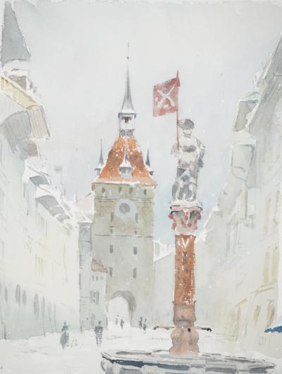 René LEVERD: Switzerland, Käfigturm und Schützenbrunnen, Original signed watercolor 2