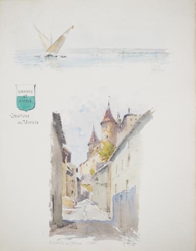 René LEVERD : Suisse, Escaliers du château de Nyon, Aquarelle originale signée 2