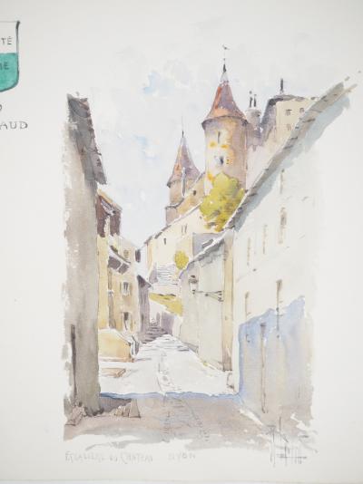 René LEVERD : Suisse, Escaliers du château de Nyon, Aquarelle originale signée 2