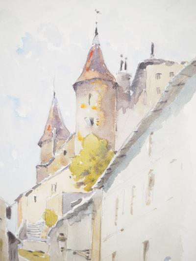 René LEVERD : Suisse, Escaliers du château de Nyon, Aquarelle originale signée 2