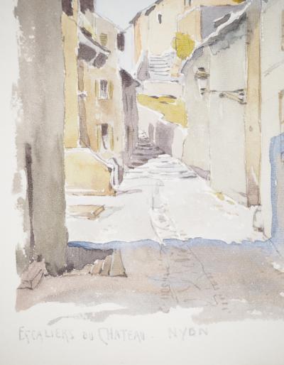 René LEVERD : Suisse, Escaliers du château de Nyon, Aquarelle originale signée 2