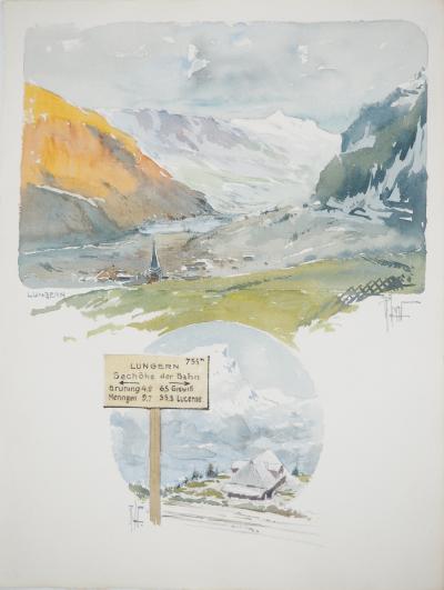 René LEVERD : Suisse, Direction Lungern, Aquarelle originale signée 2