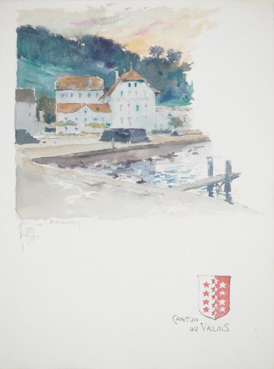 René LEVERD : Suisse, Hotel de la Tour à Bouveret, Aquarelle originale signée 2