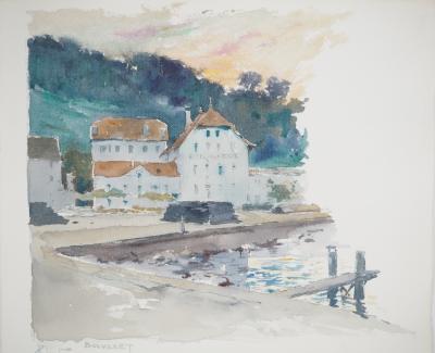 René LEVERD : Suisse, Hotel de la Tour à Bouveret, Aquarelle originale signée 2