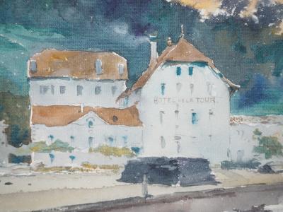 René LEVERD : Suisse, Hotel de la Tour à Bouveret, Aquarelle originale signée 2