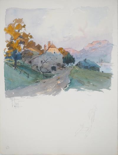 René LEVERD : Suisse, Coucher de soleil sur Bouveret, Aquarelle originale signée 2