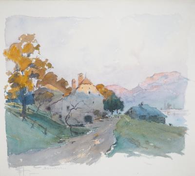 René LEVERD : Suisse, Coucher de soleil sur Bouveret, Aquarelle originale signée 2