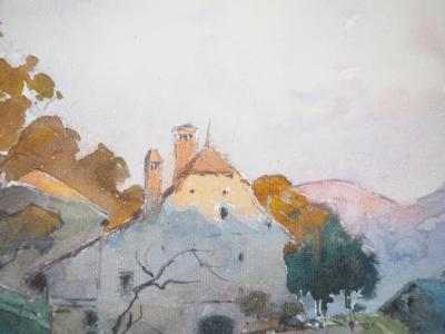 René LEVERD : Suisse, Coucher de soleil sur Bouveret, Aquarelle originale signée 2