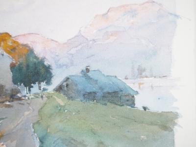 René LEVERD : Suisse, Coucher de soleil sur Bouveret, Aquarelle originale signée 2