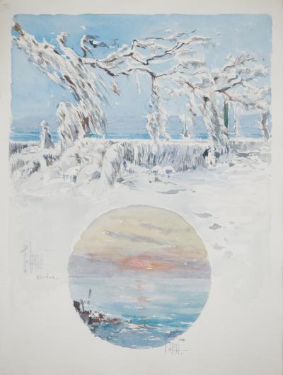 René LEVERD : Les branches enneigées, Aquarelle originale signée 2