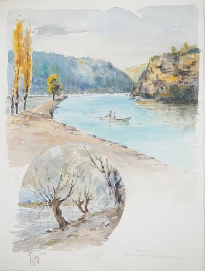 René LEVERD : Suisse, Confluent de l'Arve et du Rhône près de Genève, Aquarelle originale signée 2