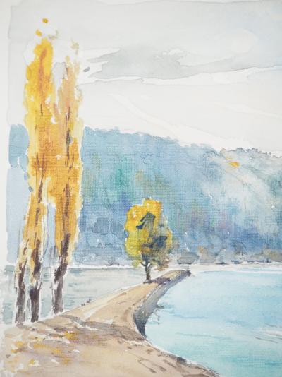 René LEVERD : Suisse, Confluent de l'Arve et du Rhône près de Genève, Aquarelle originale signée 2