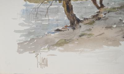 René LEVERD : Suisse, Confluent de l'Arve et du Rhône près de Genève, Aquarelle originale signée 2