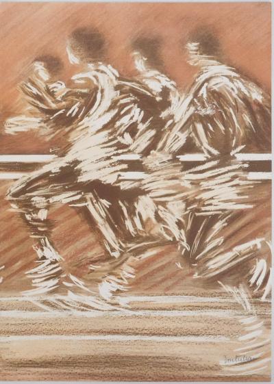 Pierre DOUTRELEAU : La course (sépia),  Lithographie originale signée 2