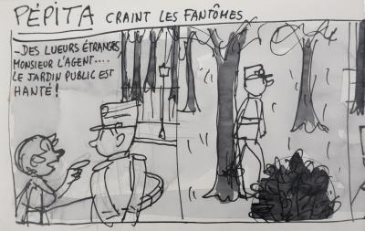 Jean EFFEL : Cirage Nugget, Pépita craint les fantômes, Dessin original signé 2