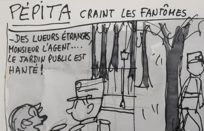 Jean EFFEL : Cirage Nugget, Pépita craint les fantômes, Dessin original signé 2