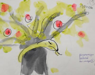 Jean EFFEL : Teinturier, Le serpent du pommier, Aquarelle originale 2