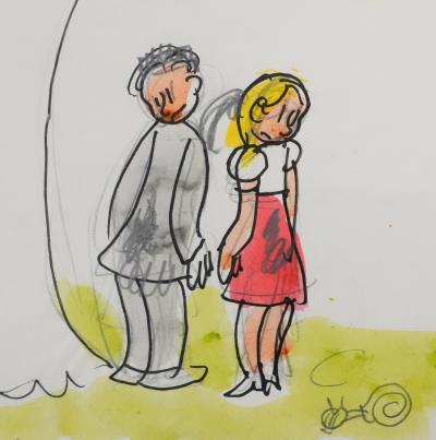Jean EFFEL : Teinturier, Le couple, Aquarelle originale 2