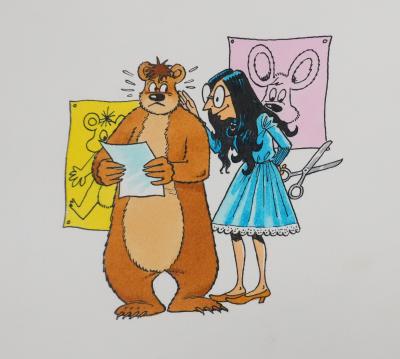 Roger BUSSEMEY : Nestor et la femme à la robe bleue, Aquarelle originale 2