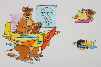 Roger BUSSEMEY: Nestor in the wooden airplane, Original watercolor 2