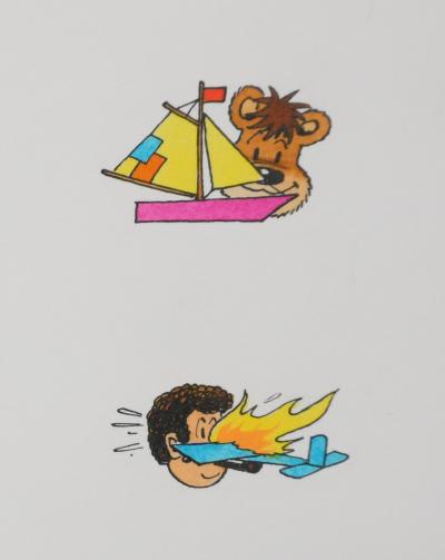 Roger BUSSEMEY: Nestor in the wooden airplane, Original watercolor 2