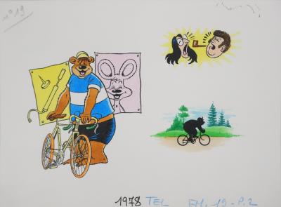 Roger BUSSEMEY : Nestor fait du vélo, Aquarelle originale 2